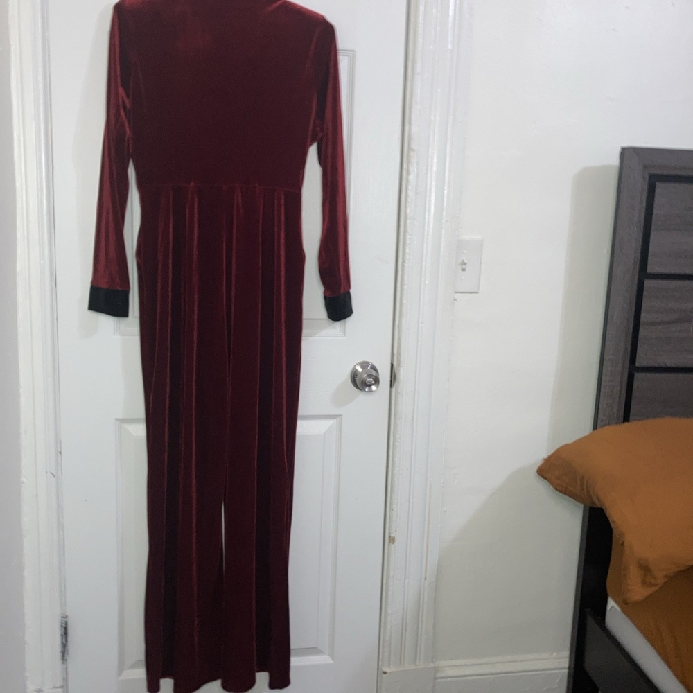 NWT Bell Bottom Jump Suit/Red w/Black Collar Sm Stretchy Velour - Picture 2 of 4